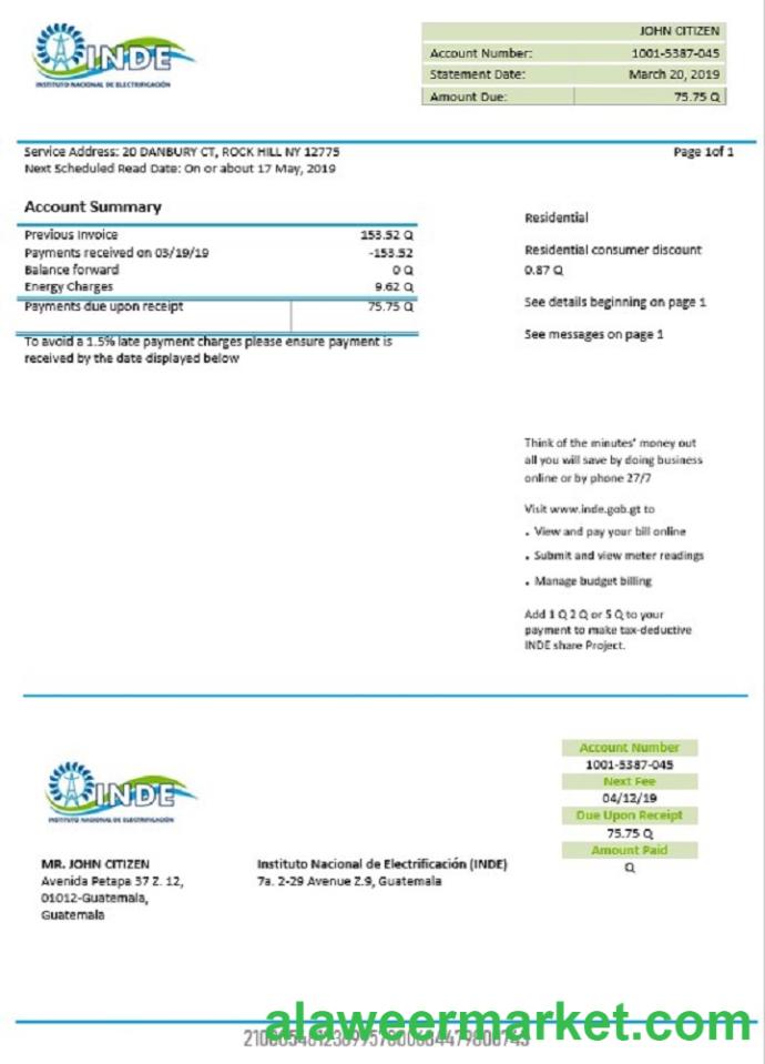 Guatemala INDE Instituto Nacional de Electrificacion electricity utility bill